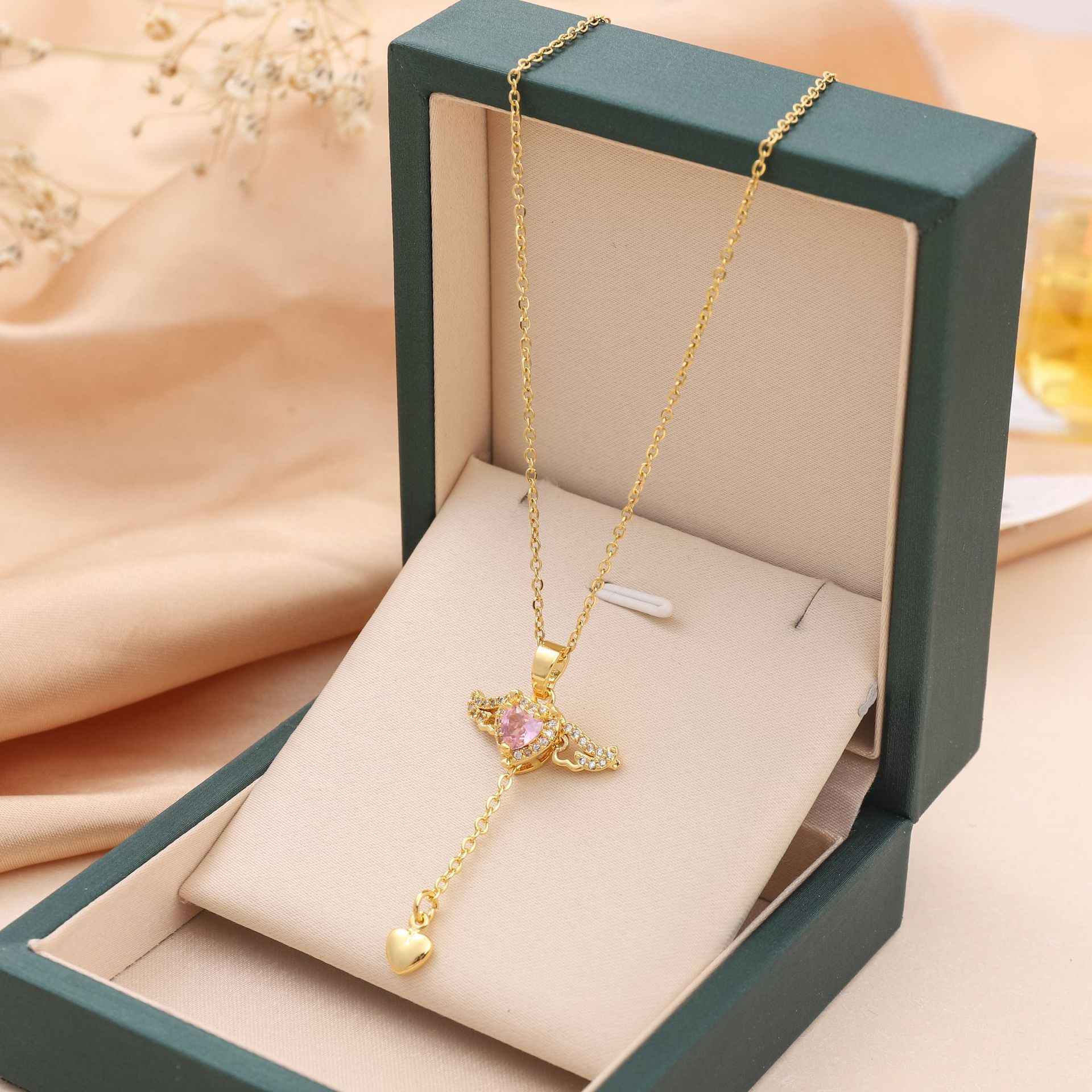 Cupid Heart Angel Wings Necklace – Crystal Tassel Pendant Jewelry Gift for Women Gold