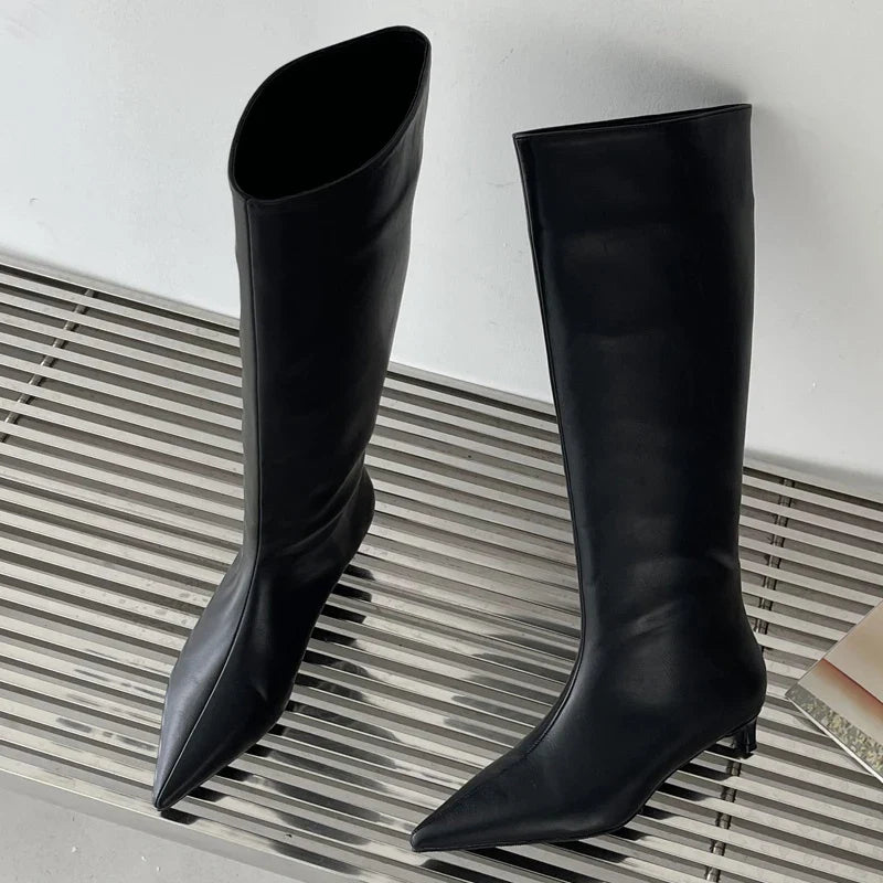 Rosette - Pointed Toe Knee-High Boots Black