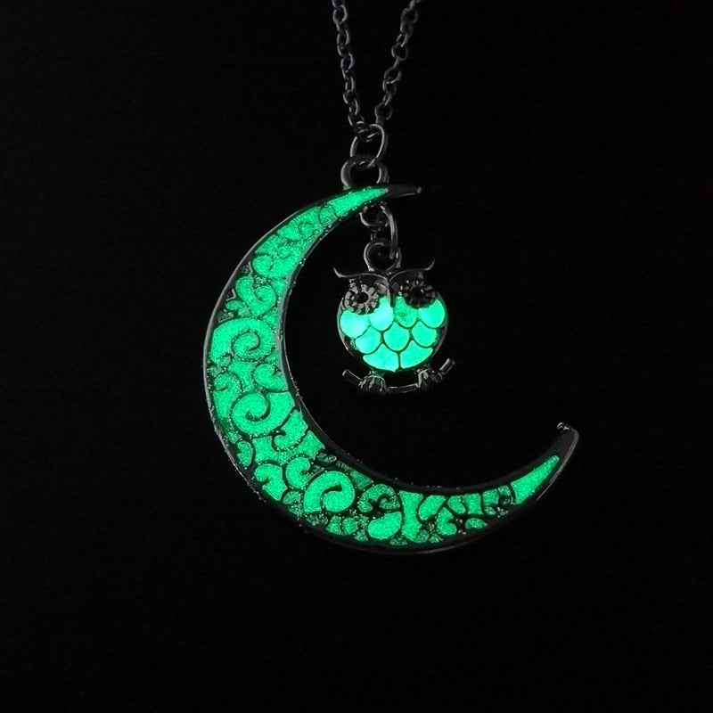 Glowing Pendant Necklace – Luminous Silver Chain Jewelry for Women Owl Green