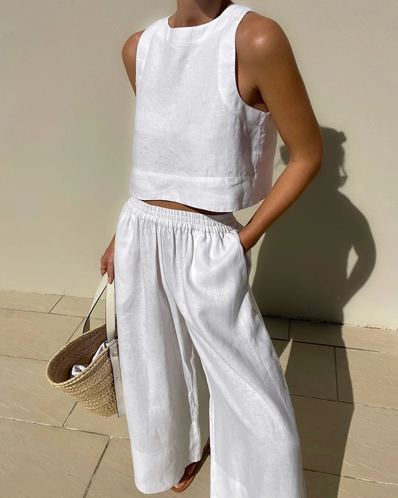Odette Lightweight Summer Set - Stylish Two-Piece for Warm Days White