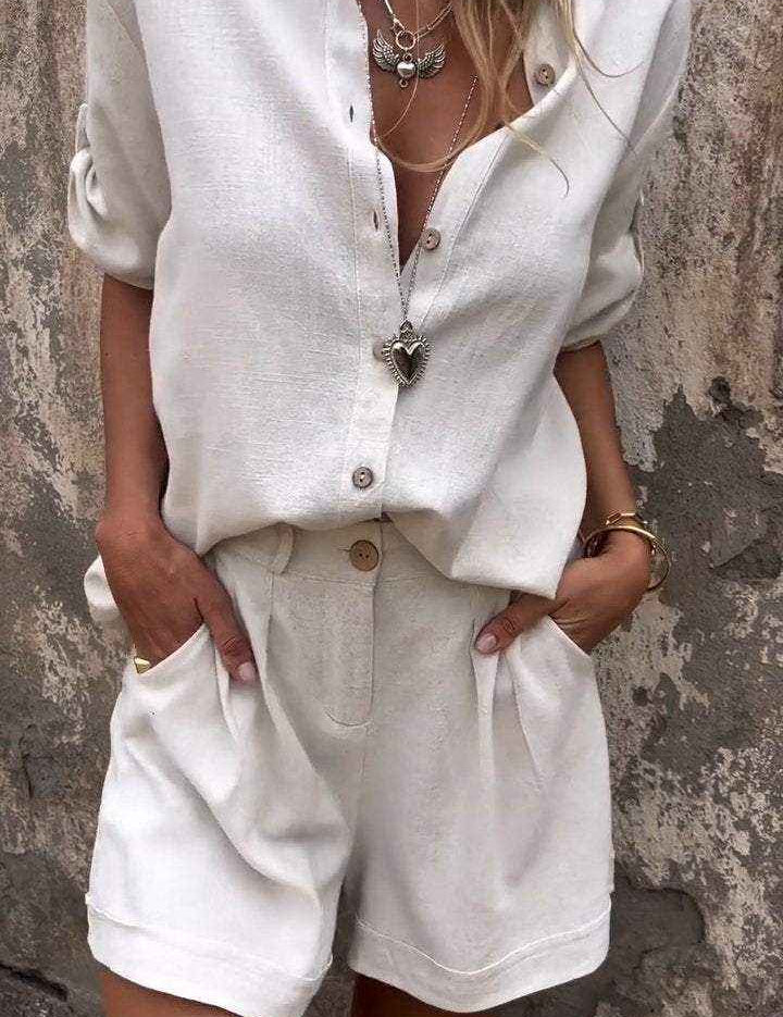 Effortless Cotton Linen Set With Structured Lapel And Seams