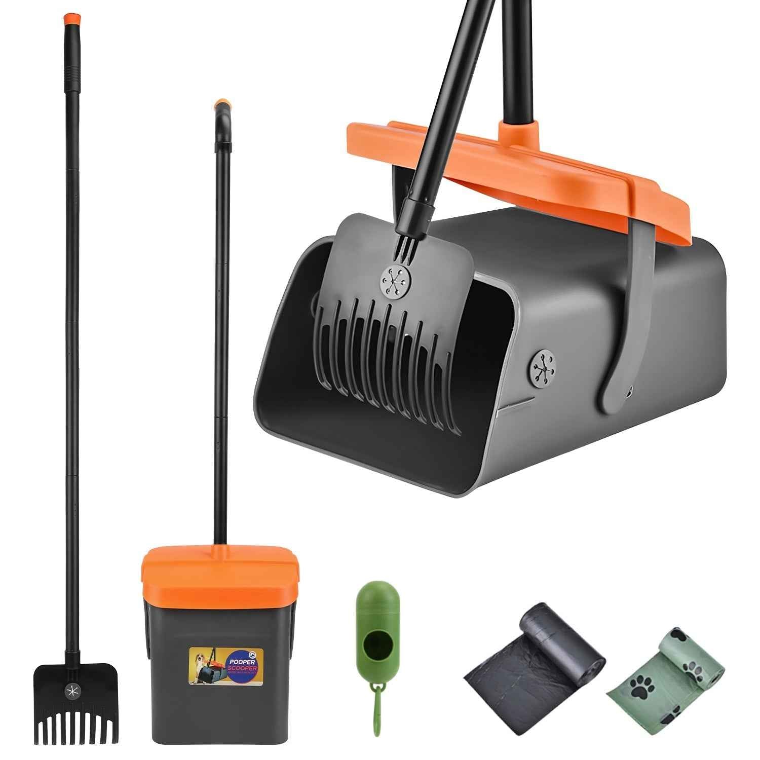 Pooper Scooper Kit – Long Handle Rake & Bin with Bags for Dog Waste