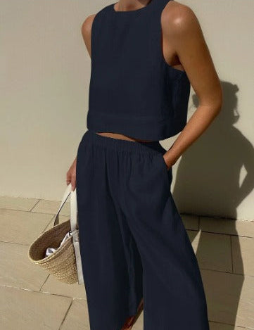 Odette Lightweight Summer Set - Stylish Two-Piece for Warm Days Navy Blue