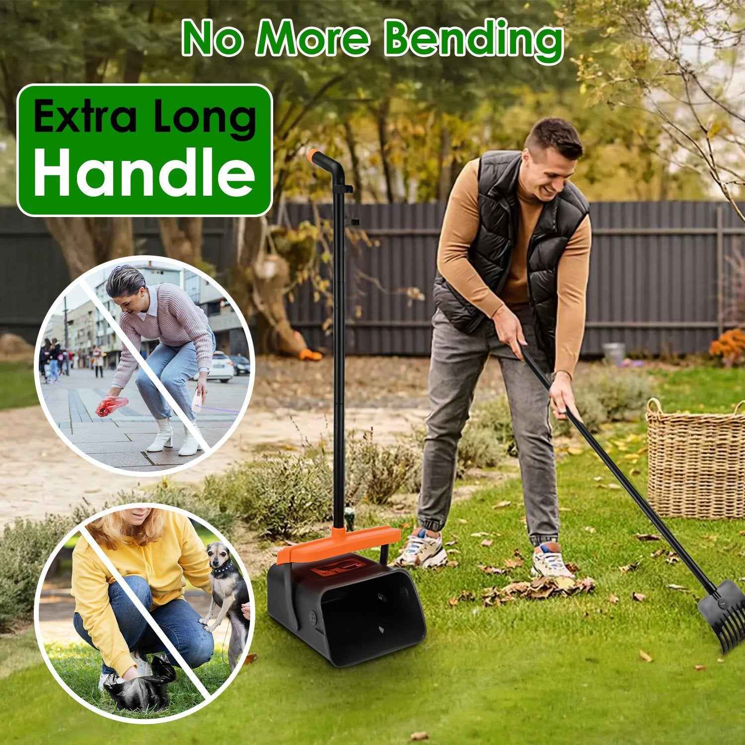 Pooper Scooper Kit – Long Handle Rake & Bin with Bags for Dog Waste