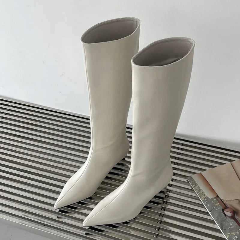 Rosette - Pointed Toe Knee-High Boots White