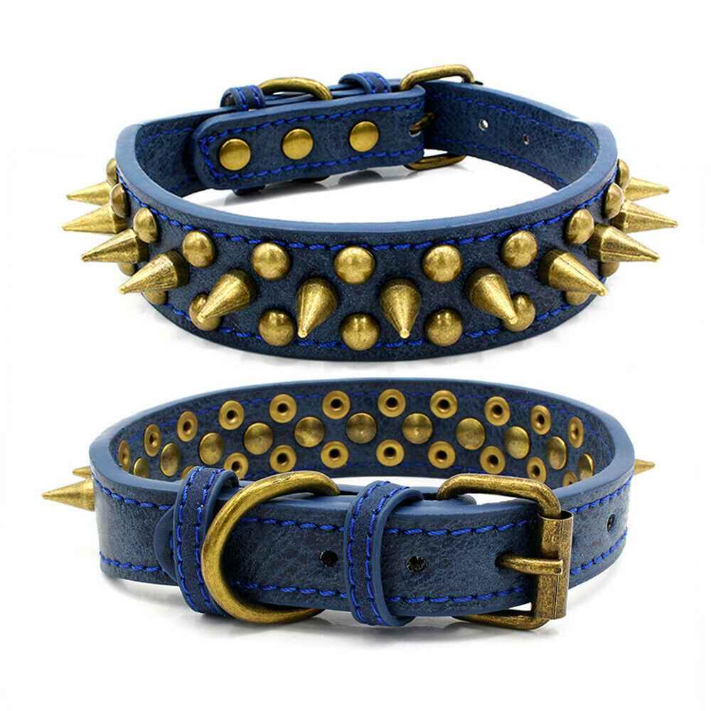 Retro Spiked Dog Collar – PU Leather Adjustable Collar for Large Dogs Blue