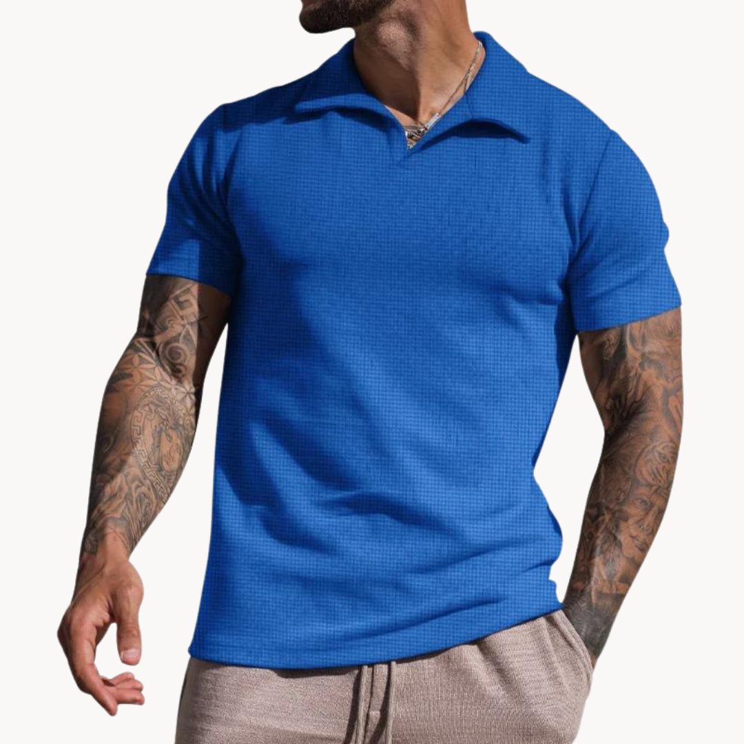 Textured Emiel Polo with Stand-Up Collar Blue