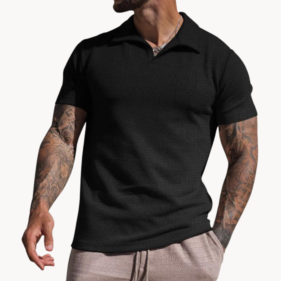 Textured Emiel Polo with Stand-Up Collar Black