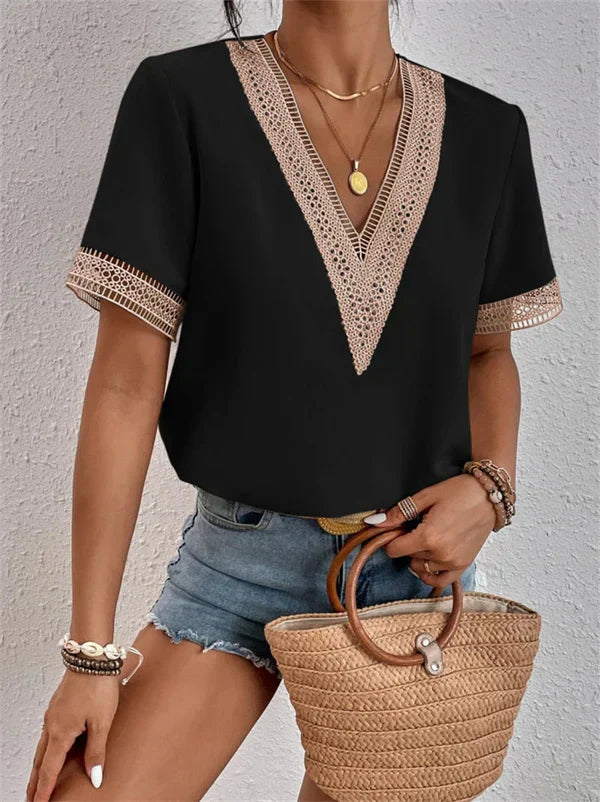 V-Neck Lace Eva Top Black
