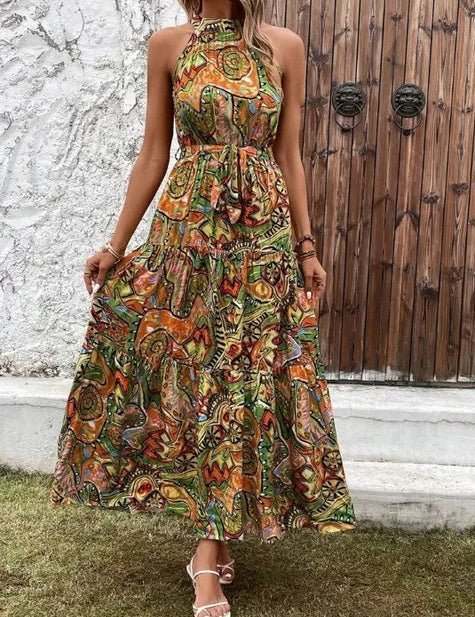 Philine - Retro Halterneck Maxi Dress Green