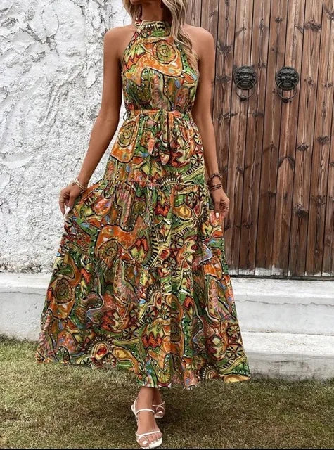 Philine - Retro Halterneck Maxi Dress Green