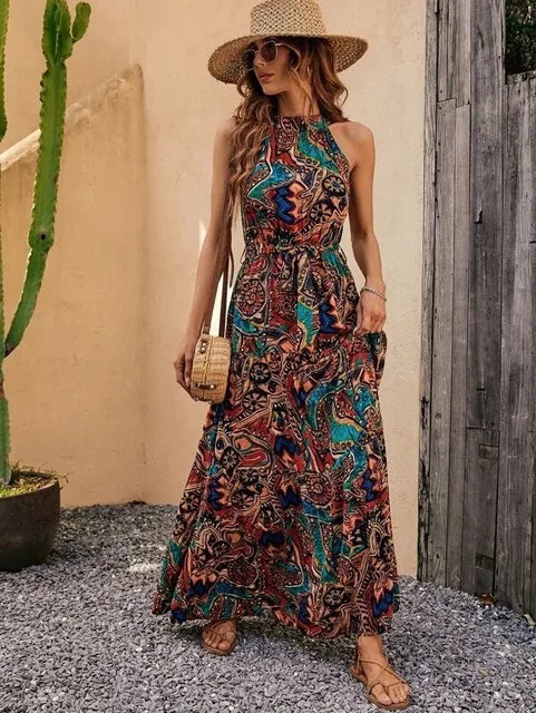 Philine - Retro Halterneck Maxi Dress Brown