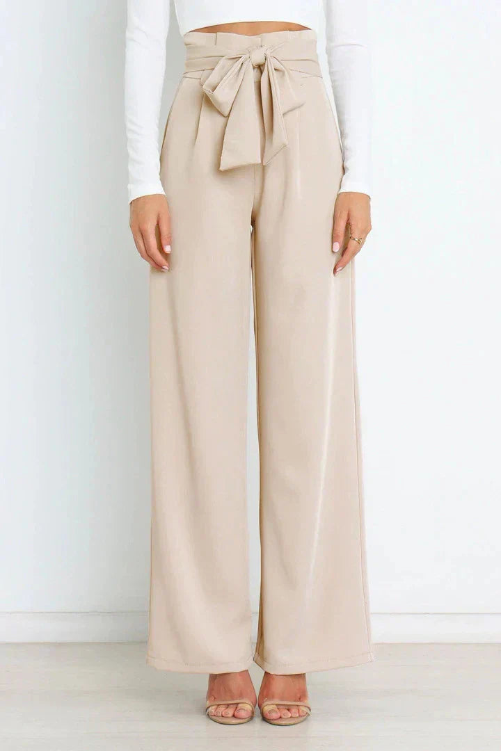 Chantal Wide-Leg Trousers with Adjustable Tie Belt Beige