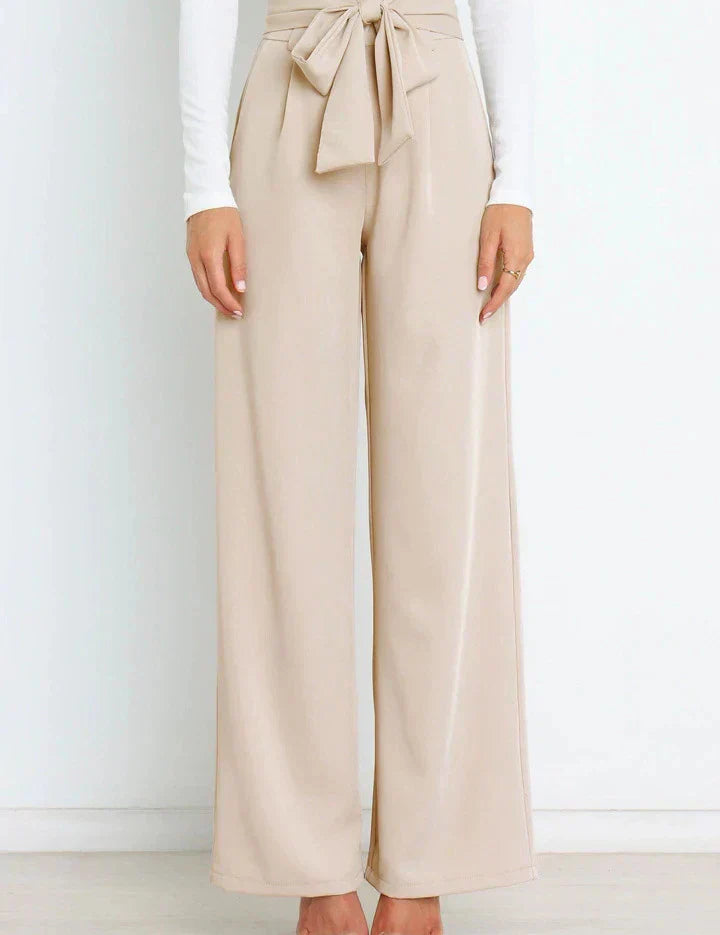Chantal Wide-Leg Trousers with Adjustable Tie Belt Beige
