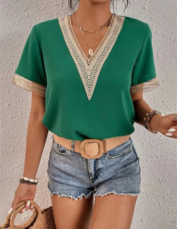 V-Neck Lace Eva Top Green