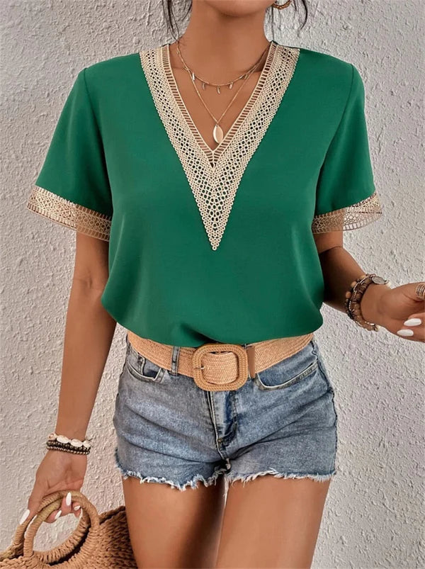 V-Neck Lace Eva Top Green