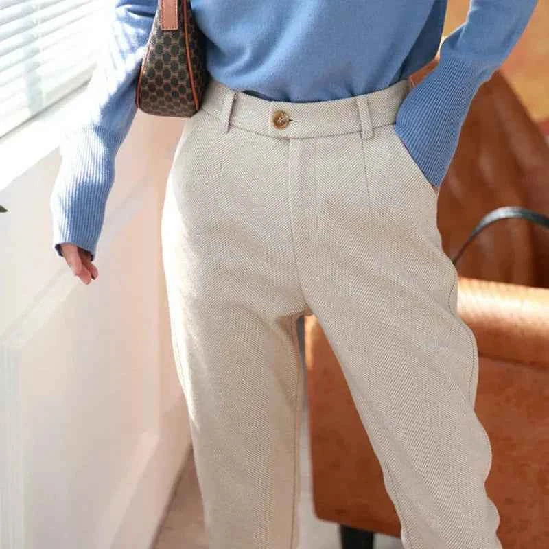 Halley High Waisted Formal Tweed Trousers Apricot