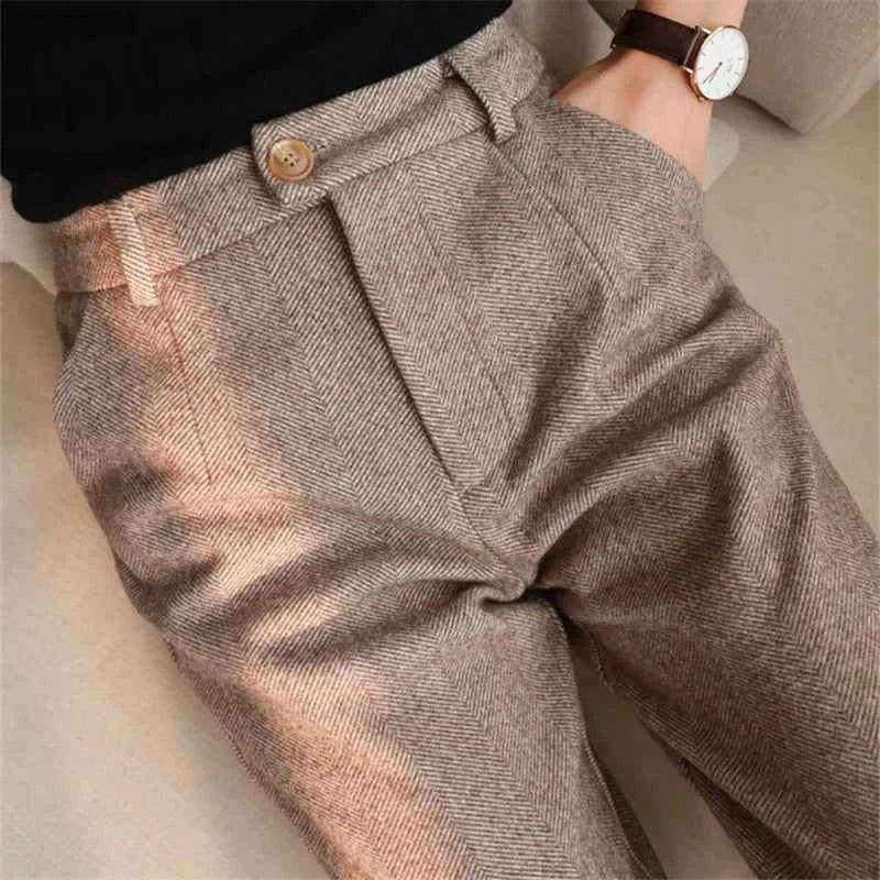 Halley High Waisted Formal Tweed Trousers Khaki