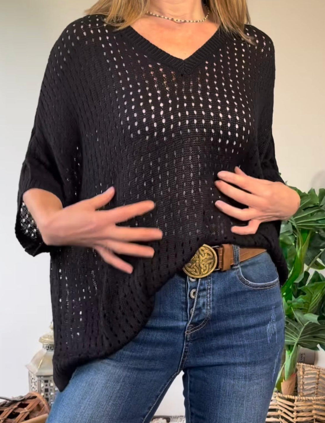 Yvette - V-Neck Blouse with Cut-Out Design Black