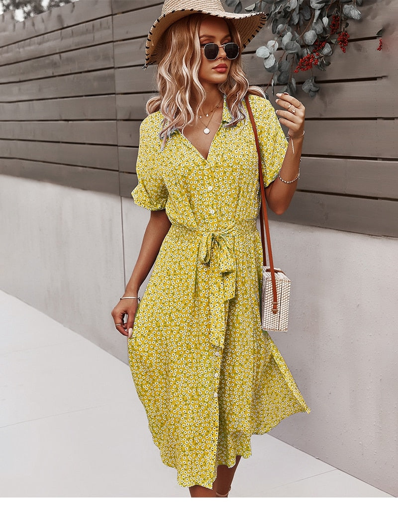 Svea - Belted Waist Summer Dress with Button Front