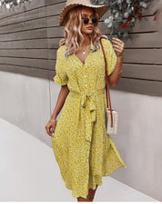 Svea - Belted Waist Summer Dress with Button Front Yellow