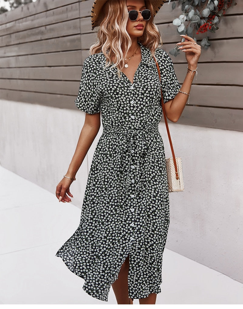 Svea - Belted Waist Summer Dress with Button Front Black