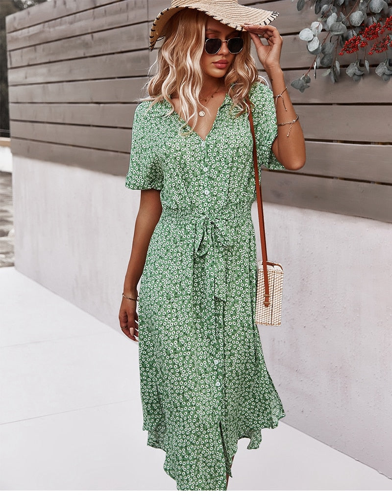 Svea - Belted Waist Summer Dress with Button Front Green