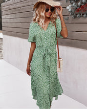 Svea - Belted Waist Summer Dress with Button Front Green