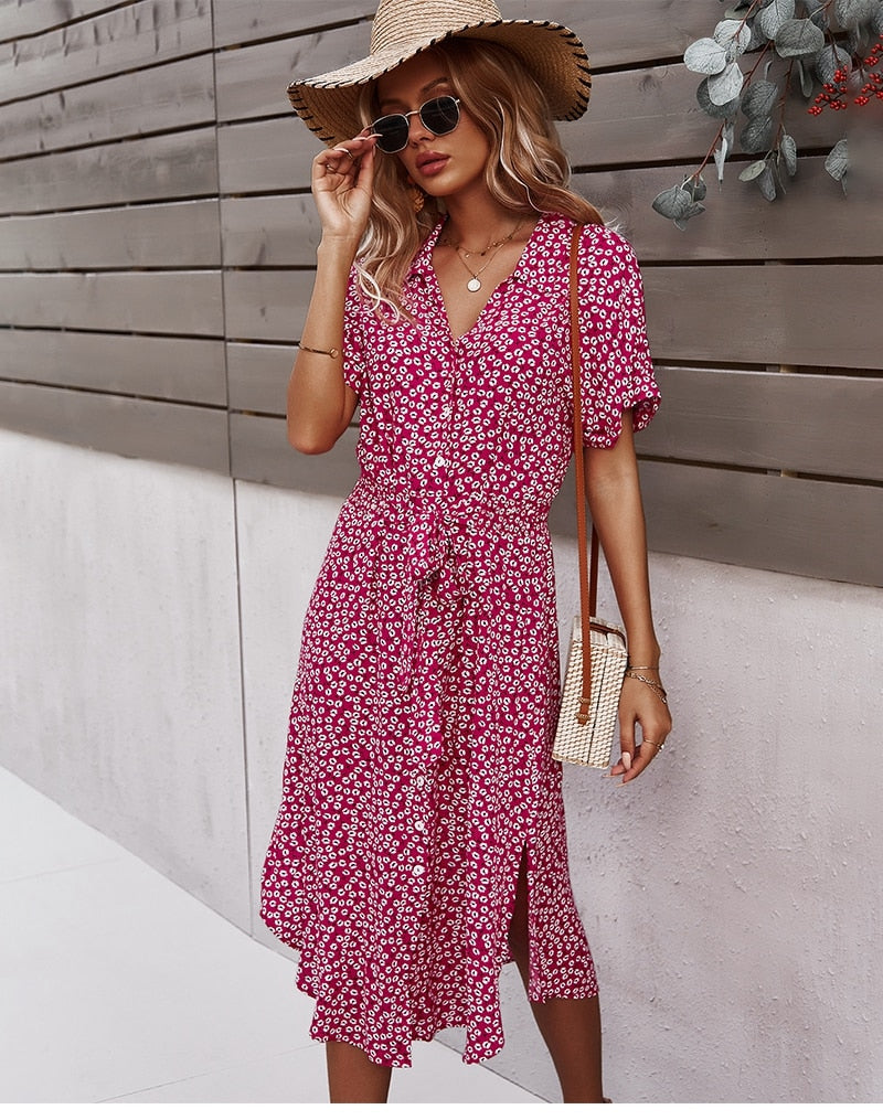 Svea - Belted Waist Summer Dress with Button Front Red
