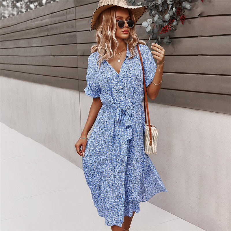 Svea - Belted Waist Summer Dress with Button Front