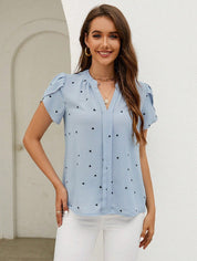 Mieke Heart Print V-Neck Top Sky Blue