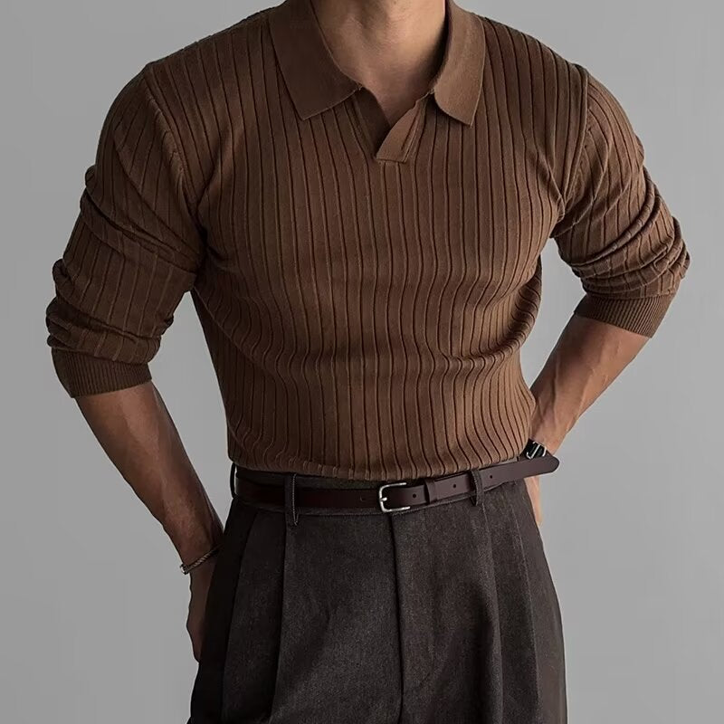 Fabian Ribbed Long Sleeve Polo Brown