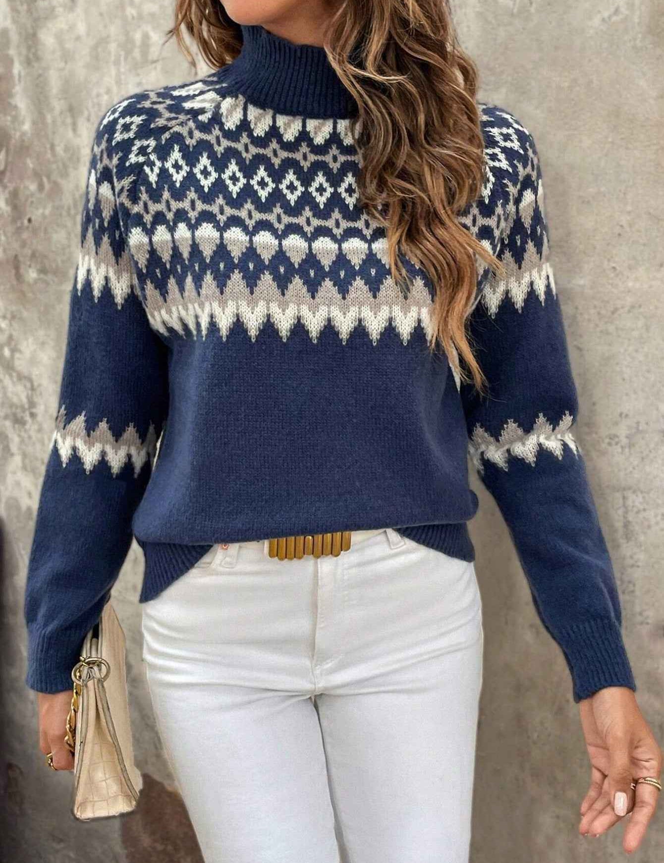 Giyann Cozy Turtleneck Jumper with Jacquard Knit for Ultimate Comfort Navy Blue