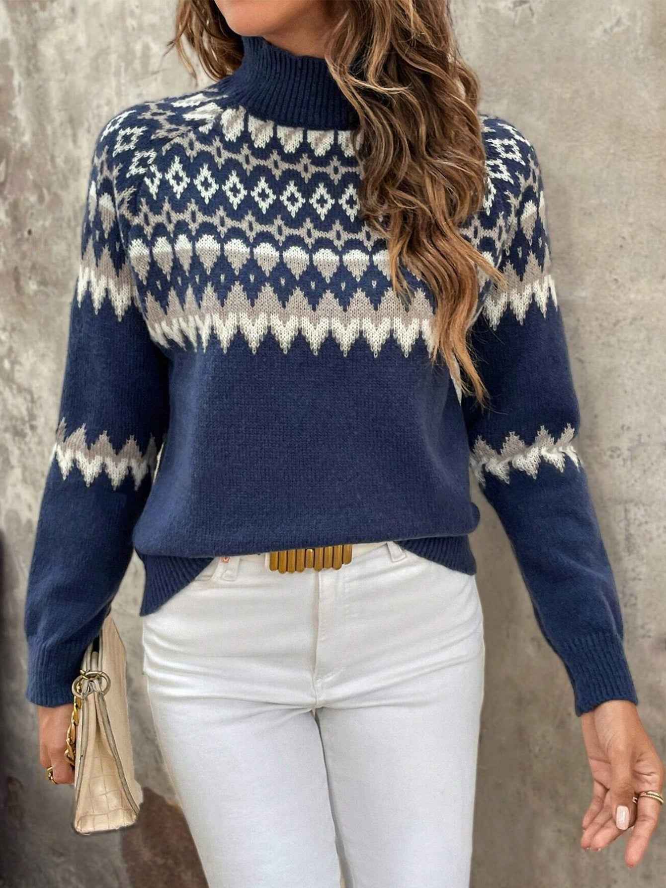 Giyann Cozy Turtleneck Jumper with Jacquard Knit for Ultimate Comfort Navy Blue