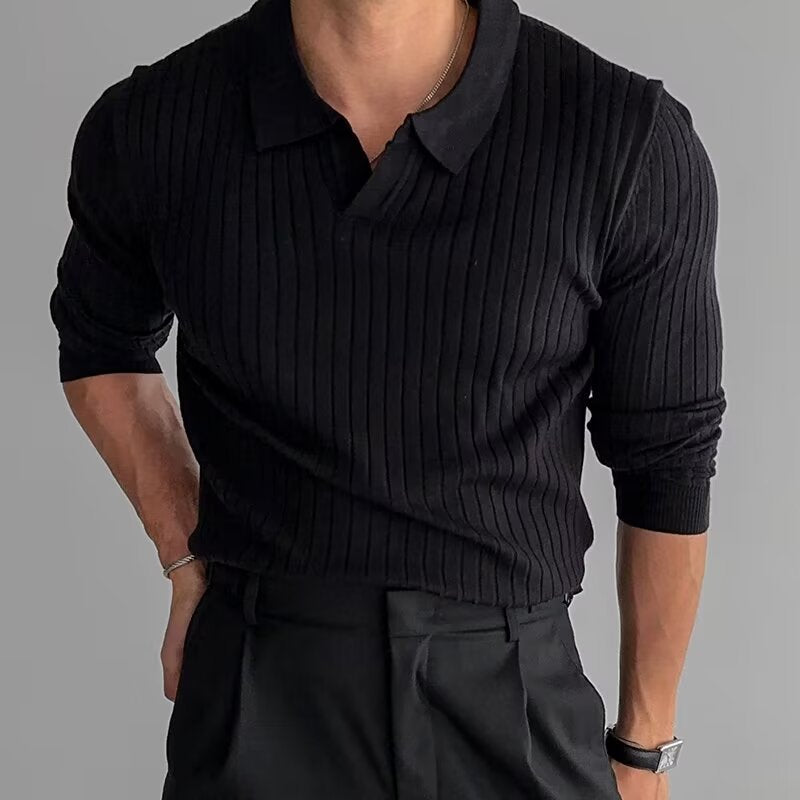 Fabian Ribbed Long Sleeve Polo Black