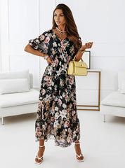 Saskia V-Neck Floral Print Dress Black