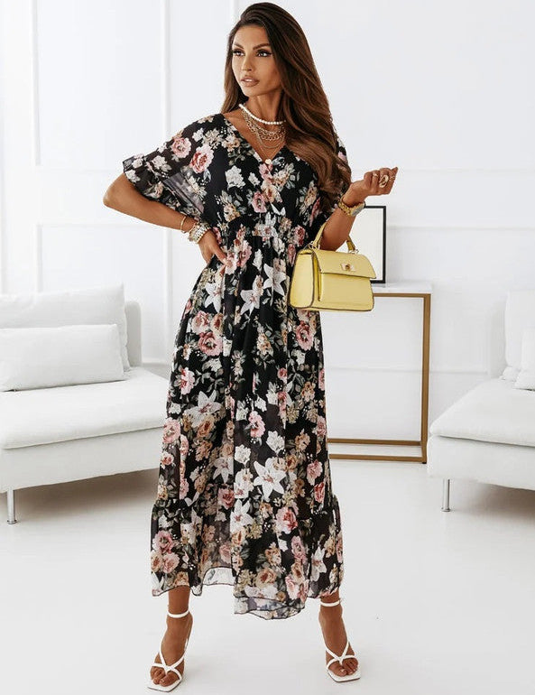 Saskia V-Neck Floral Print Dress Black