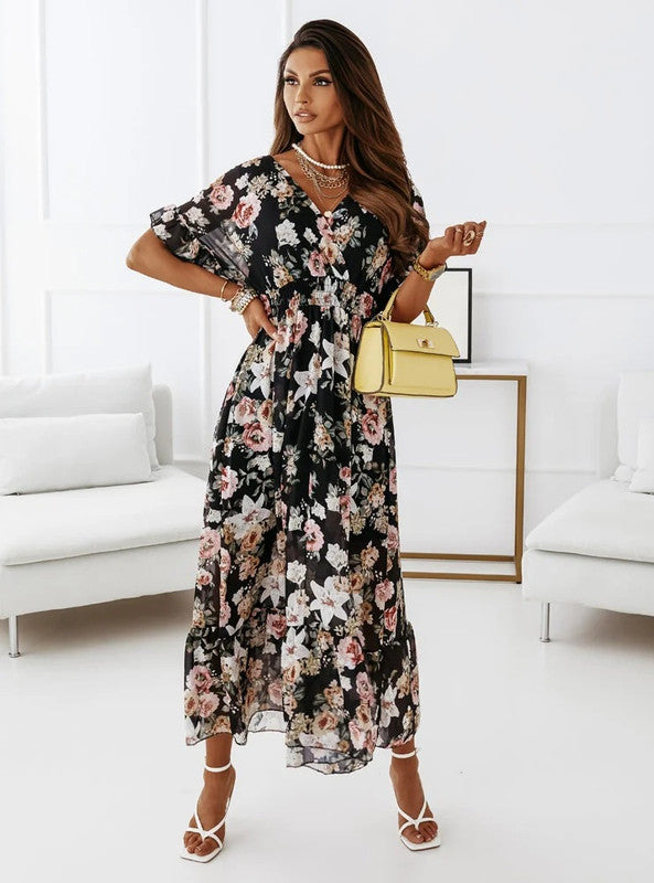 Saskia V-Neck Floral Print Dress Black
