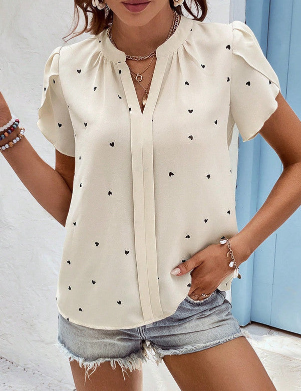 Mieke Heart Print V-Neck Top White