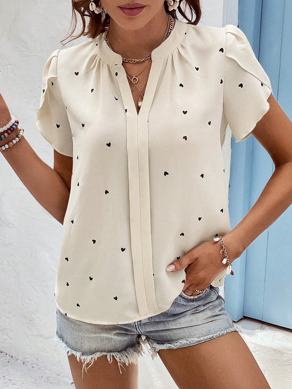 Mieke Heart Print V-Neck Top White