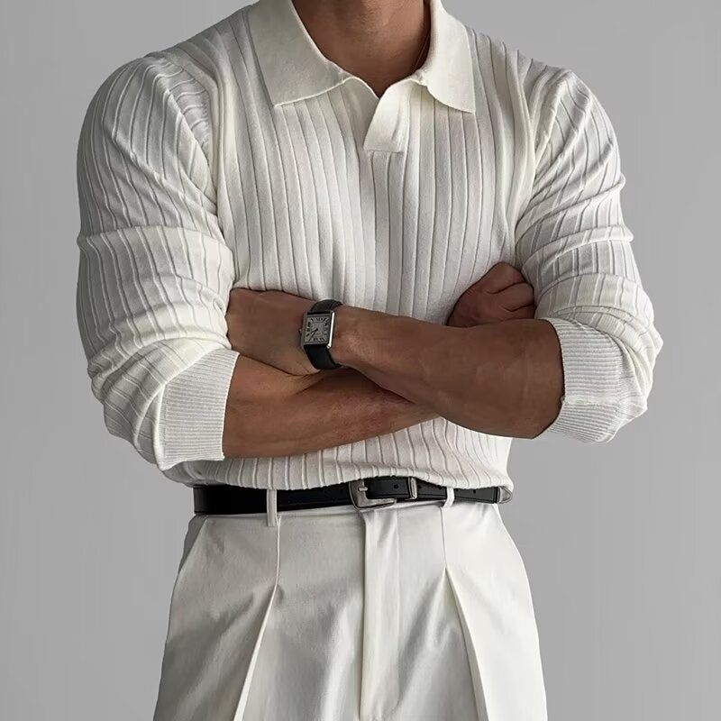Fabian Ribbed Long Sleeve Polo White