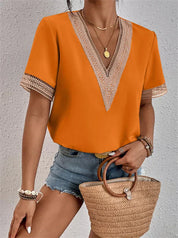 V-Neck Lace Eva Top Orange