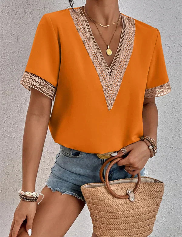 V-Neck Lace Eva Top Orange