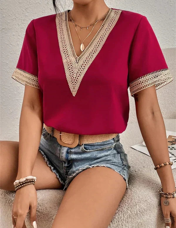 V-Neck Lace Eva Top Red