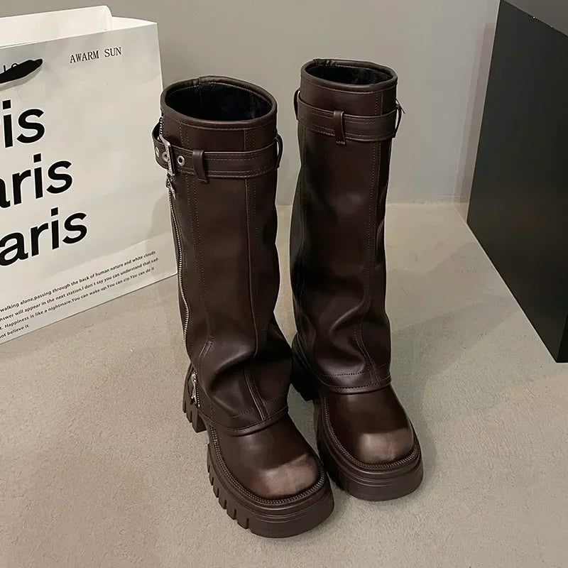 Ambrose Knee-High Platform Booties Brown