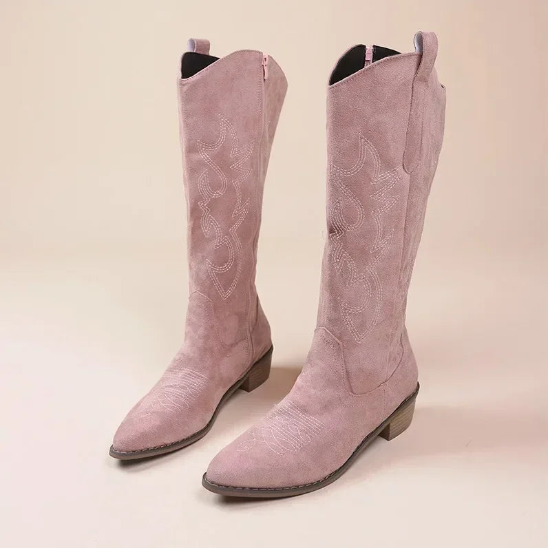 Georgia - Embroidered Knee-High Cowboy Boots Pink