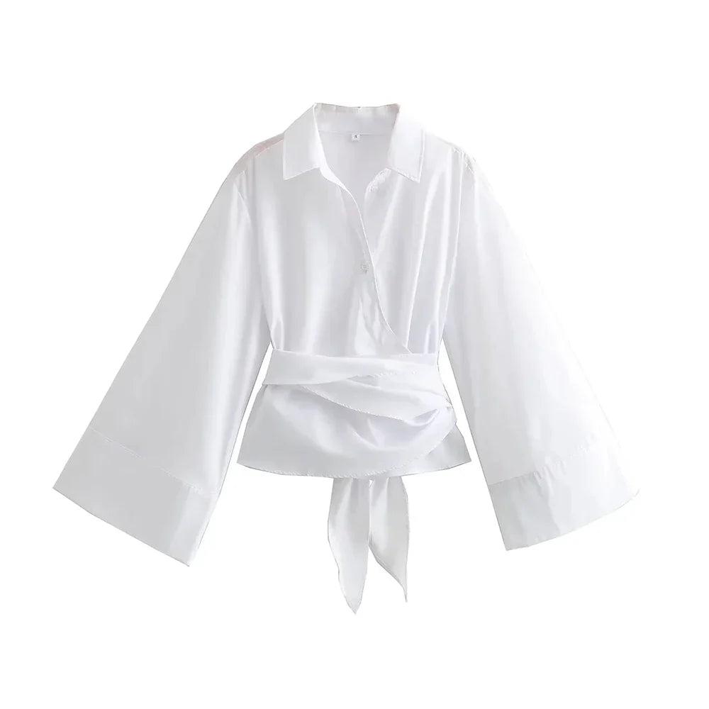 Charissa Kimono Blouse Featuring a Wide Bow Belt White