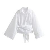 Charissa Kimono Blouse Featuring a Wide Bow Belt White