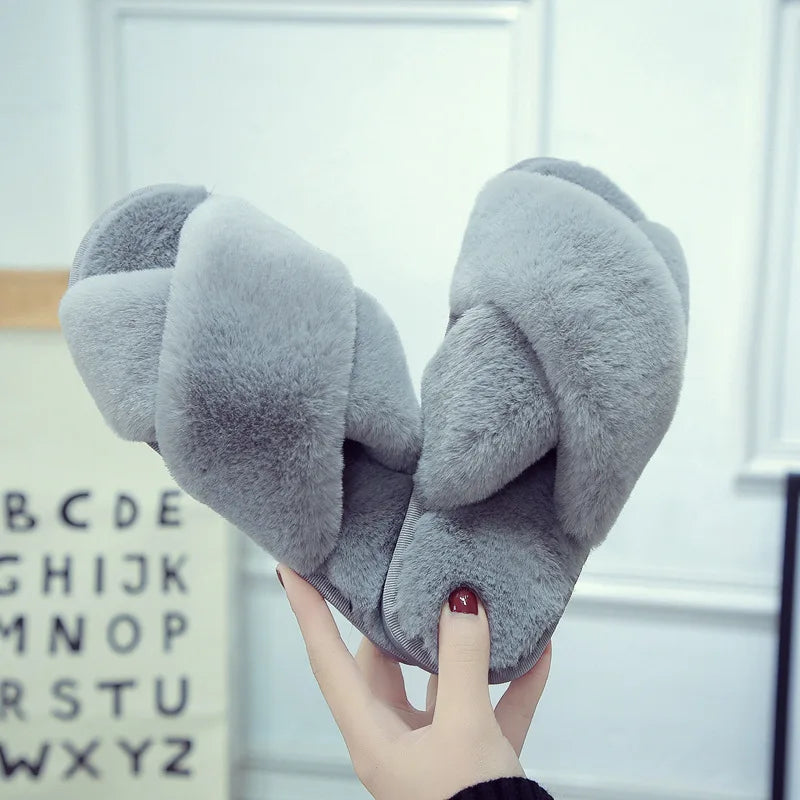 Lizzy - Cozy Criss-Cross Fluffy Slippers Grey