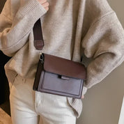 Krystal - Leather Shoulder Bag with Flap and Wide Strap Dark Brown